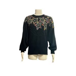 Vintage Caché Jeweled Star Sweater: 1990s Lambswool Blend, Size M